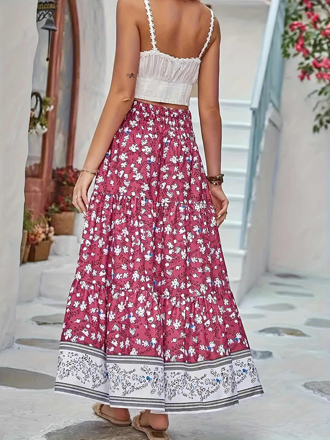 Full Size Tiered Printed Elastic Waist Skirt Trendsi