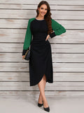 Ruched Contrast Long Sleeve Midi Dress