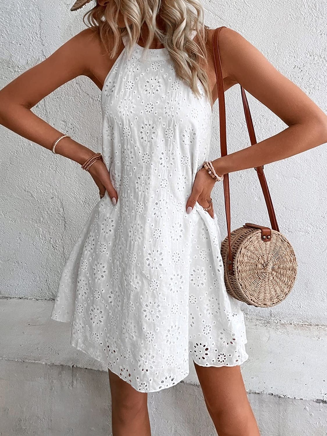 Eyelet Grecian Neck Mini Dress - Trendsi