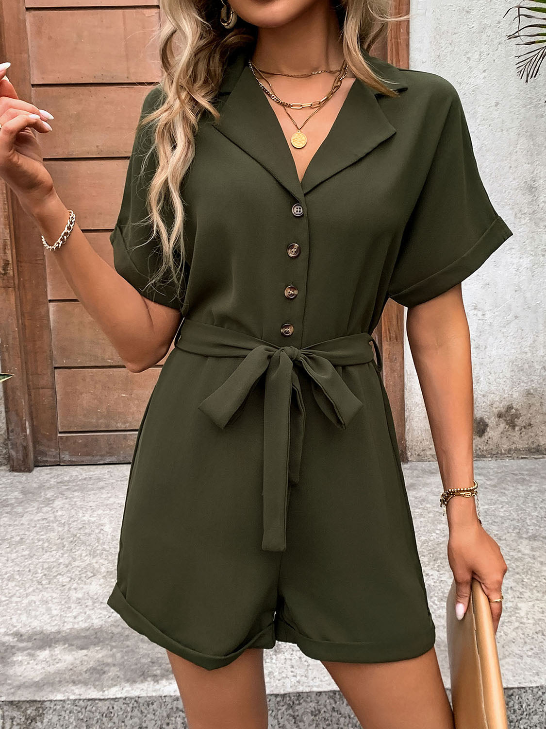 Half Button Tie Waist Short Sleeve Romper Trendsi