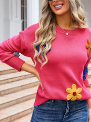 Crochet Flower Round Neck Sweater - Trendsi