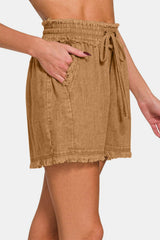 Zenana Washed Linen Frayed Hem Drawstring Shorts Trendsi