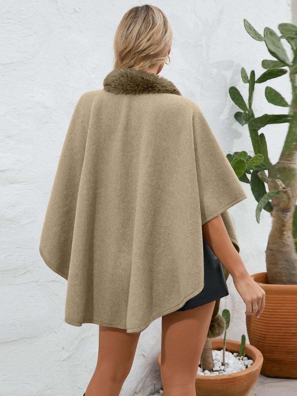 Fuzzy Trim Open Front Poncho - Trendsi