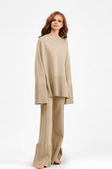 Basic Bae Slit Round Neck Long Sleeve Top and Drawstring Pants Sweater Set - Trendsi