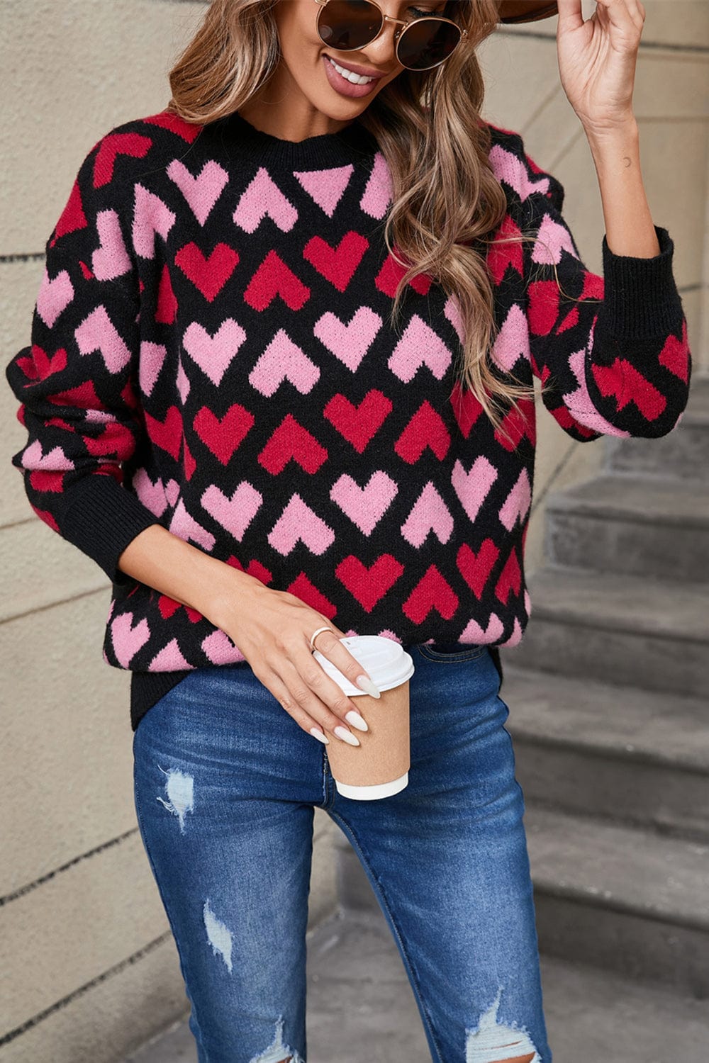 Angel Wings Contrast Heart Round Neck Sweater - Trendsi