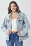 RISEN Full Size Distressed Drawstring Hooded Denim Jacket - Trendsi