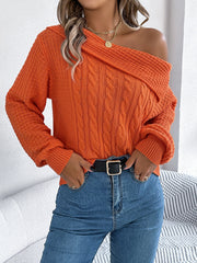 Cable-Knit One Shoulder Long Sleeve Sweater - Trendsi