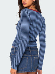 Buttoned Striped Long Sleeve T-Shirt - Trendsi