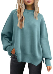 Slit Round Neck Dropped Shoulder Sweater