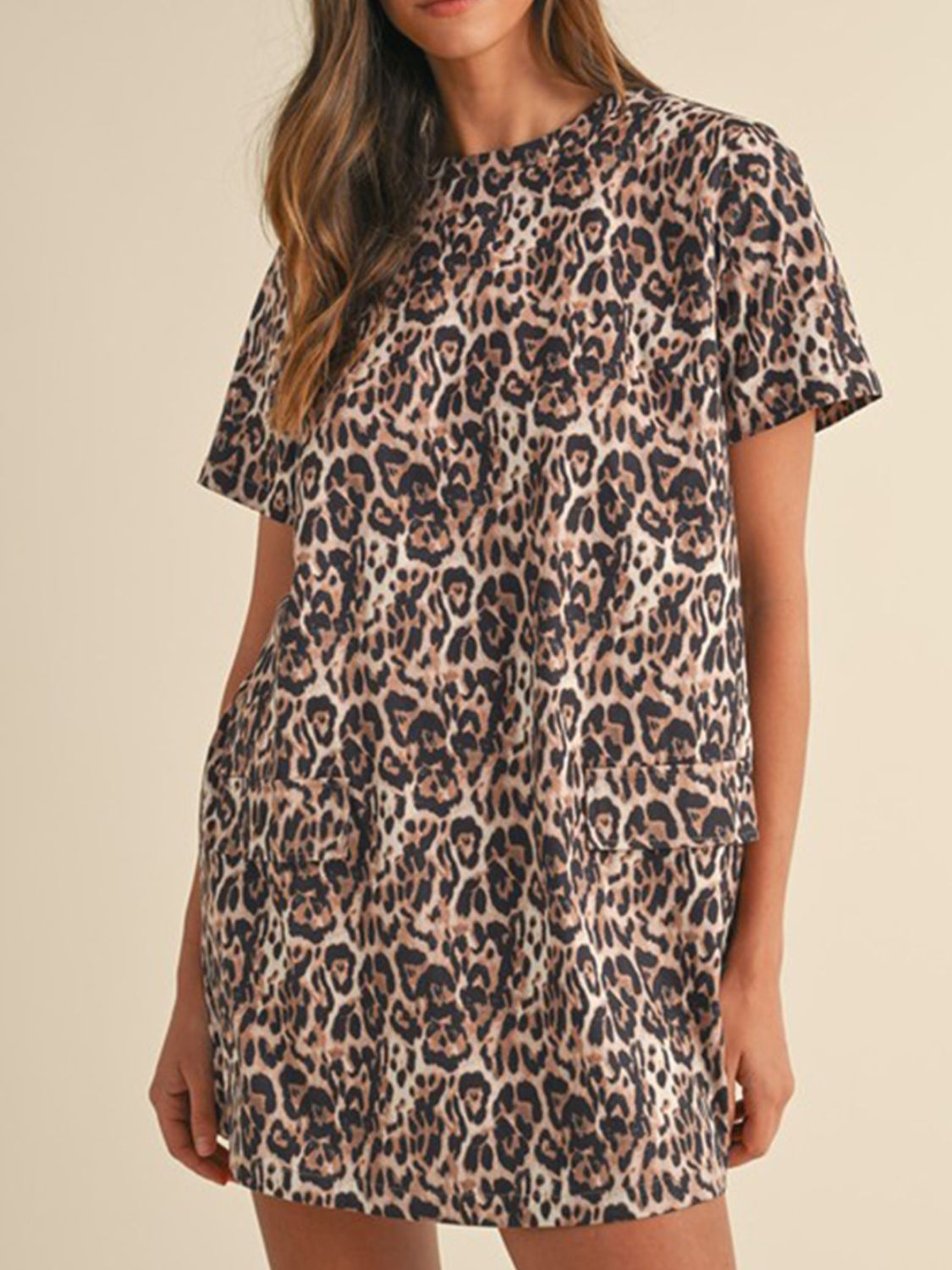 Leopard Round Neck Short Sleeve Mini Dress