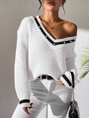 Contrast Trim V-Neck Long Sleeve Sweater - Trendsi