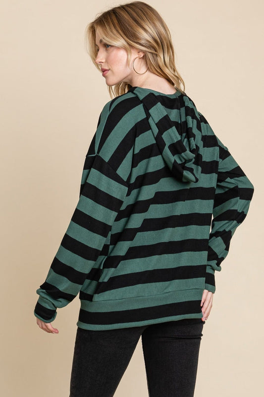 BOMBOM Drawstring Striped Dropped Shoulder Hoodie - Trendsi