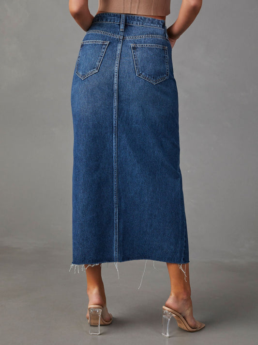 Slit Raw Hem Midi Denim Skirt - Flyclothing LLC