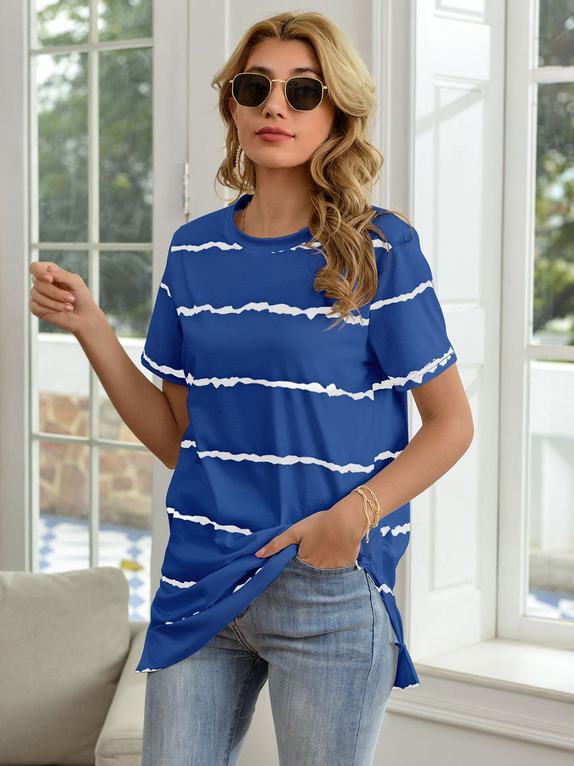 Striped Round Neck Short Sleeve T-Shirt - Flyclothing LLC