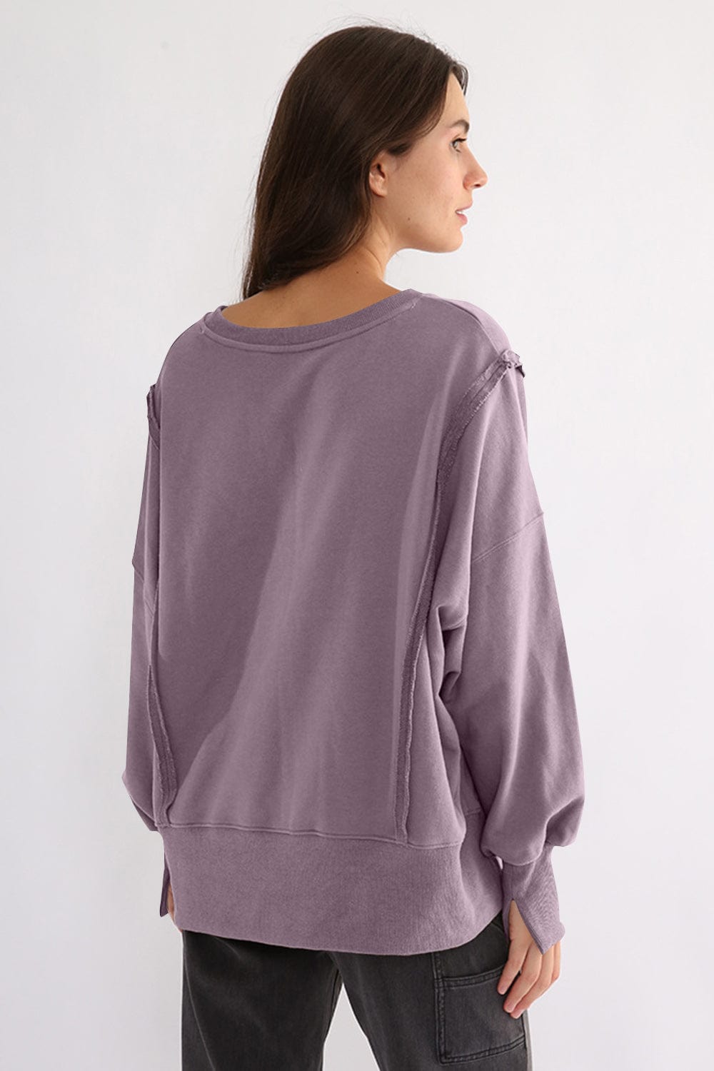 Exposed Seam High-Low Long Sleeve Sweatshirt - Trendsi