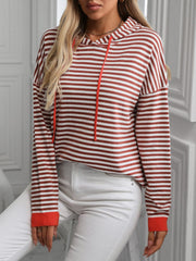 Mandy Striped Long Sleeve Hooded Knit Top - Trendsi