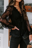 Lace Detail Plunge Long Sleeve Blouse - Flyclothing LLC