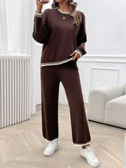 Round Neck Dropped Shoulder Top and Pants Sweater Set