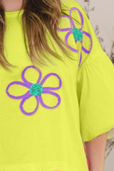 ODDI Full Size Flower Embroidery Detail T-Shirt - Trendsi