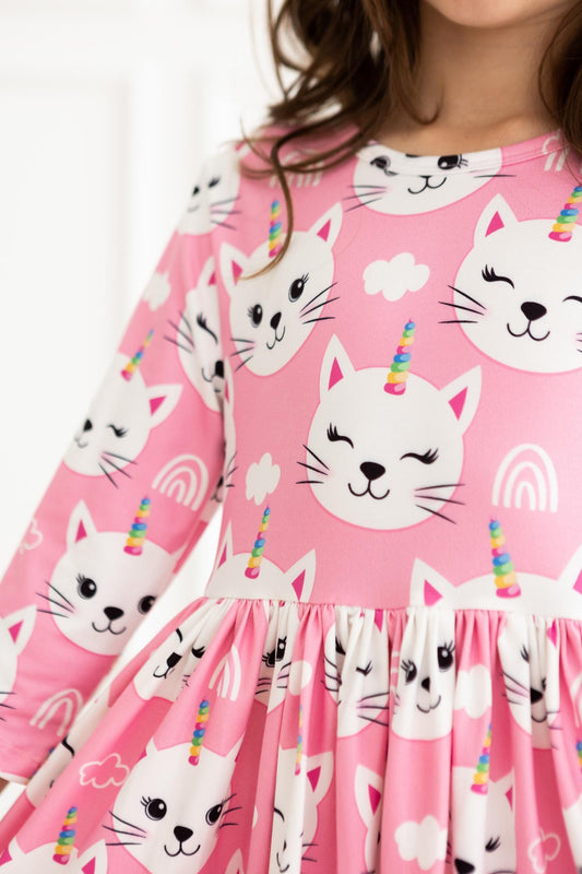 Unicorn Kitties 3/4 Sleeve Pocket Twirl Dress - Mila & Rose ®