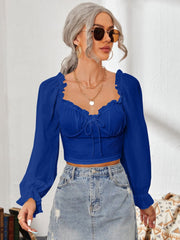 Mesh Sweetheart Neck Flounce Sleeve Top - Trendsi