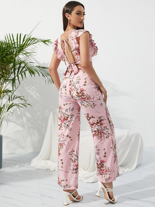 Printed Surplice Cap Sleeve Top and Pants Set Trendsi