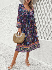 Tassel Tied Printed Long Sleeve Dress - Flyclothing LLC