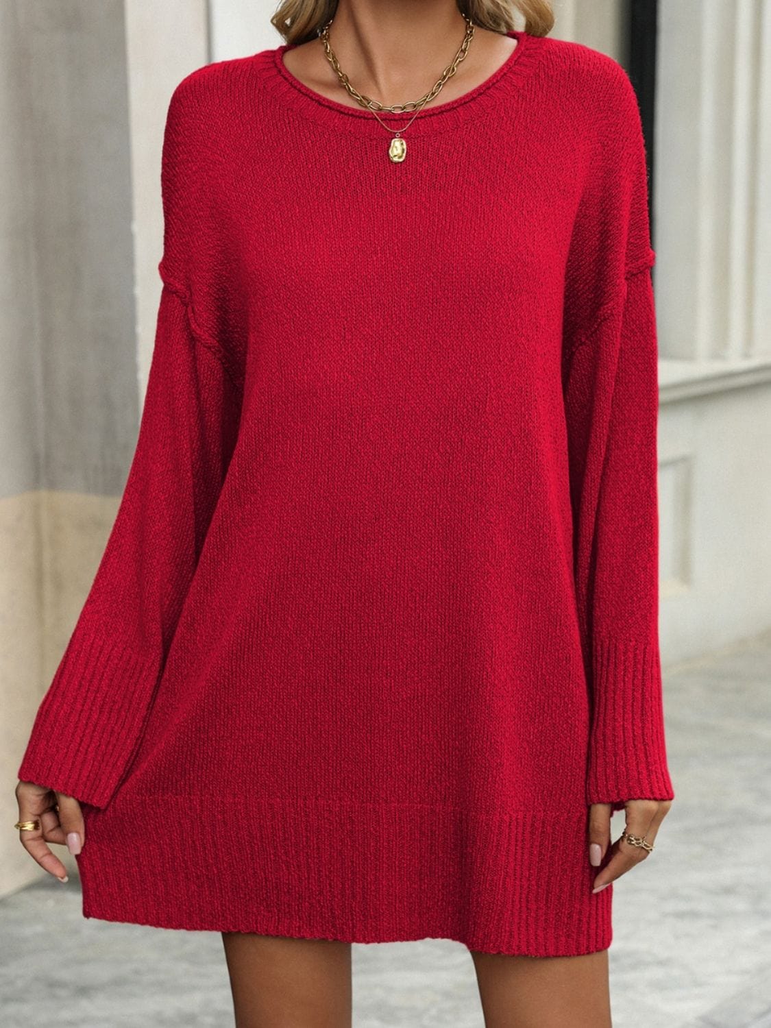 Round Neck Dropped Shoulder Sweater - Trendsi