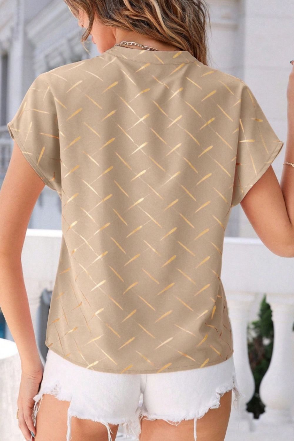 Printed Notched Short Sleeve Blouse - Flyclothing LLC