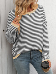 Mandy Striped Round Neck Long Sleeve Sweater - Trendsi