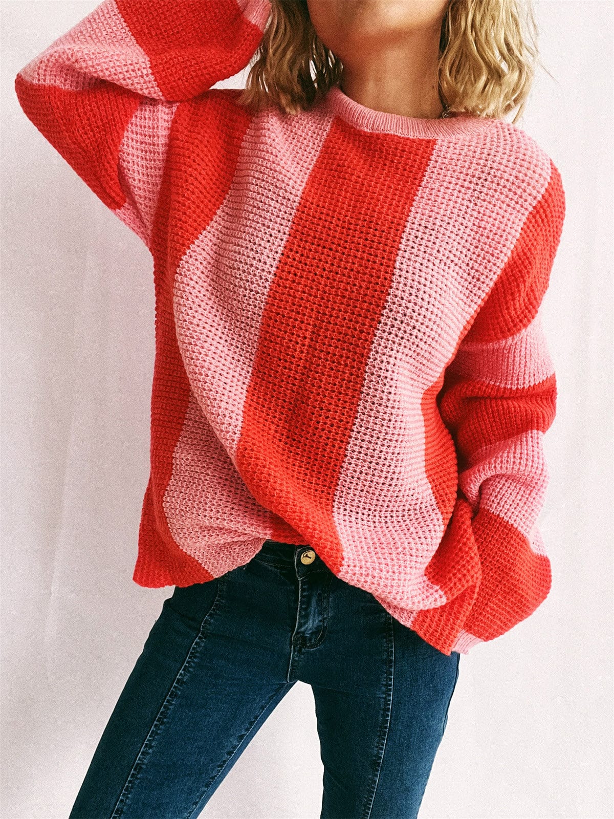 Color Block Round Neck Long Sleeve Sweater - Trendsi