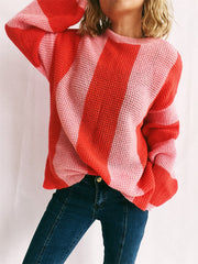 Color Block Round Neck Long Sleeve Sweater - Trendsi