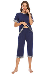 Round Neck Short Sleeve Top and Capris Pants Lounge Set - Flyclothing LLC