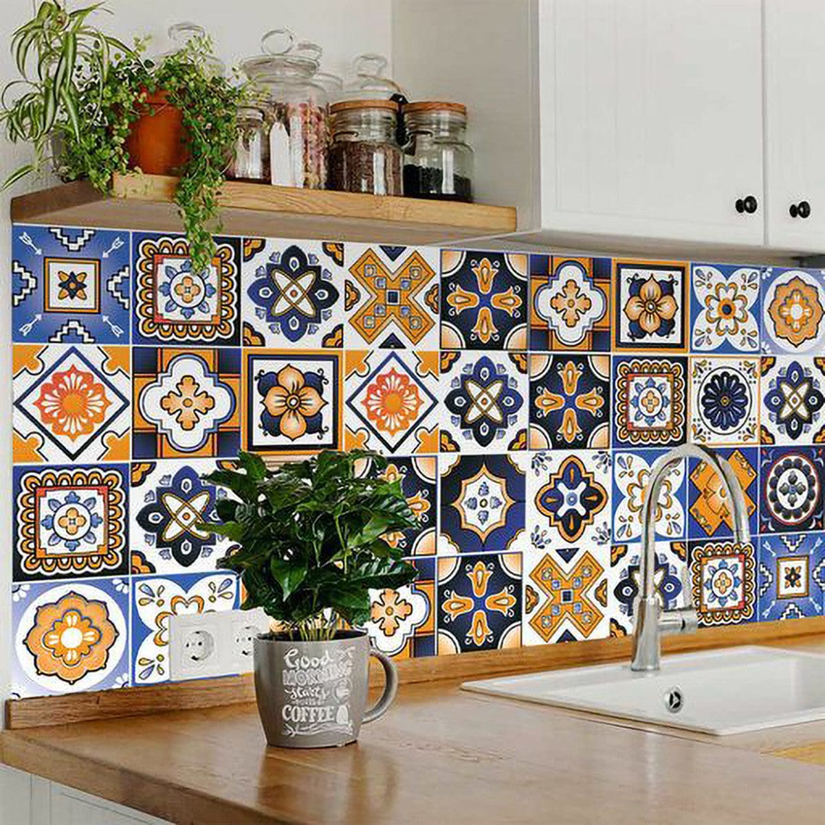 8" x 8" Shades of Blue and Yellow Mosaic Peel and Stick Removable Tiles - Homeroots