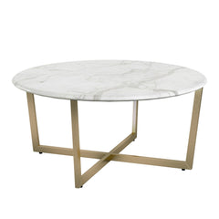 36" White And Gold Faux Marble Round Coffee Table - Homeroots