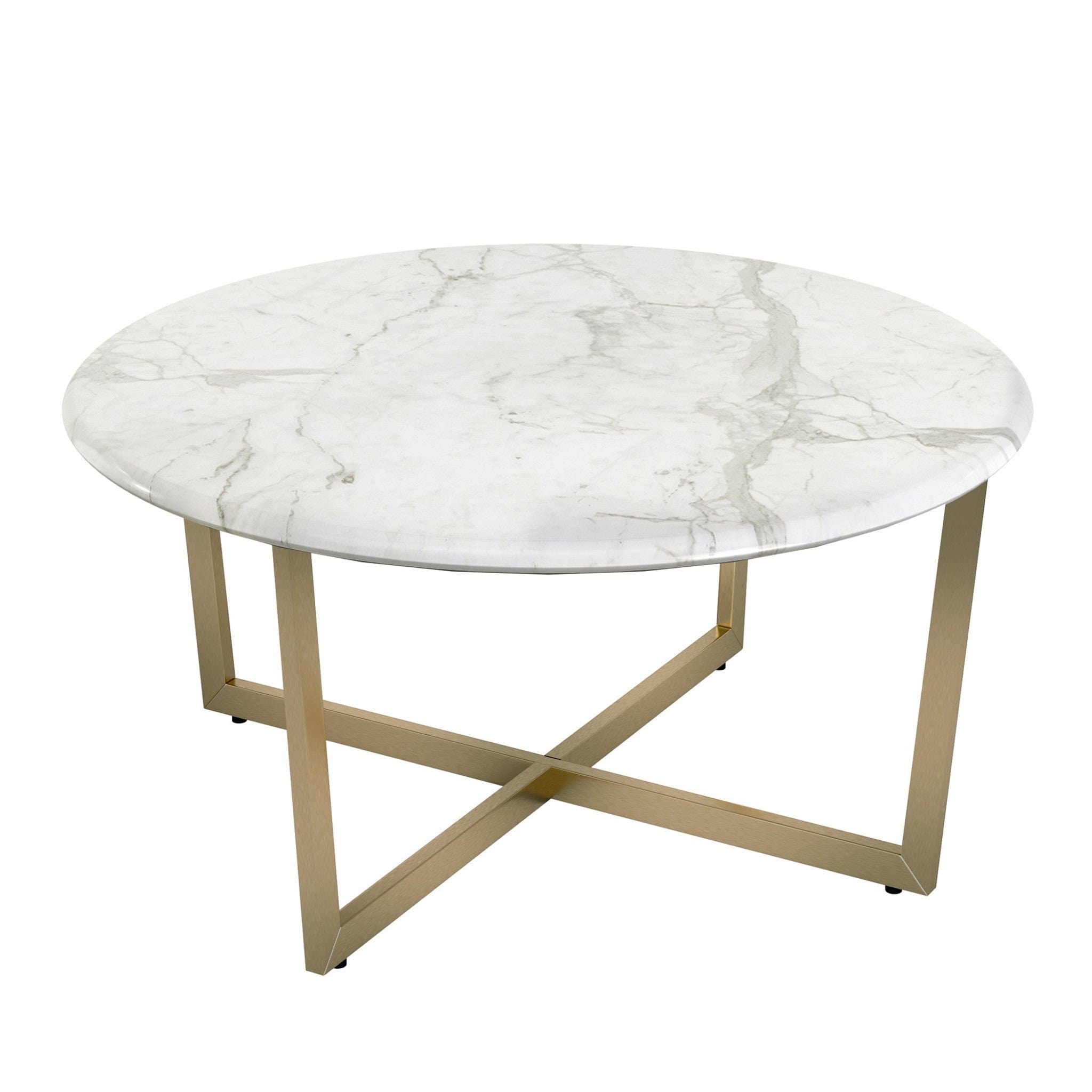 36" White And Gold Faux Marble Round Coffee Table - Homeroots