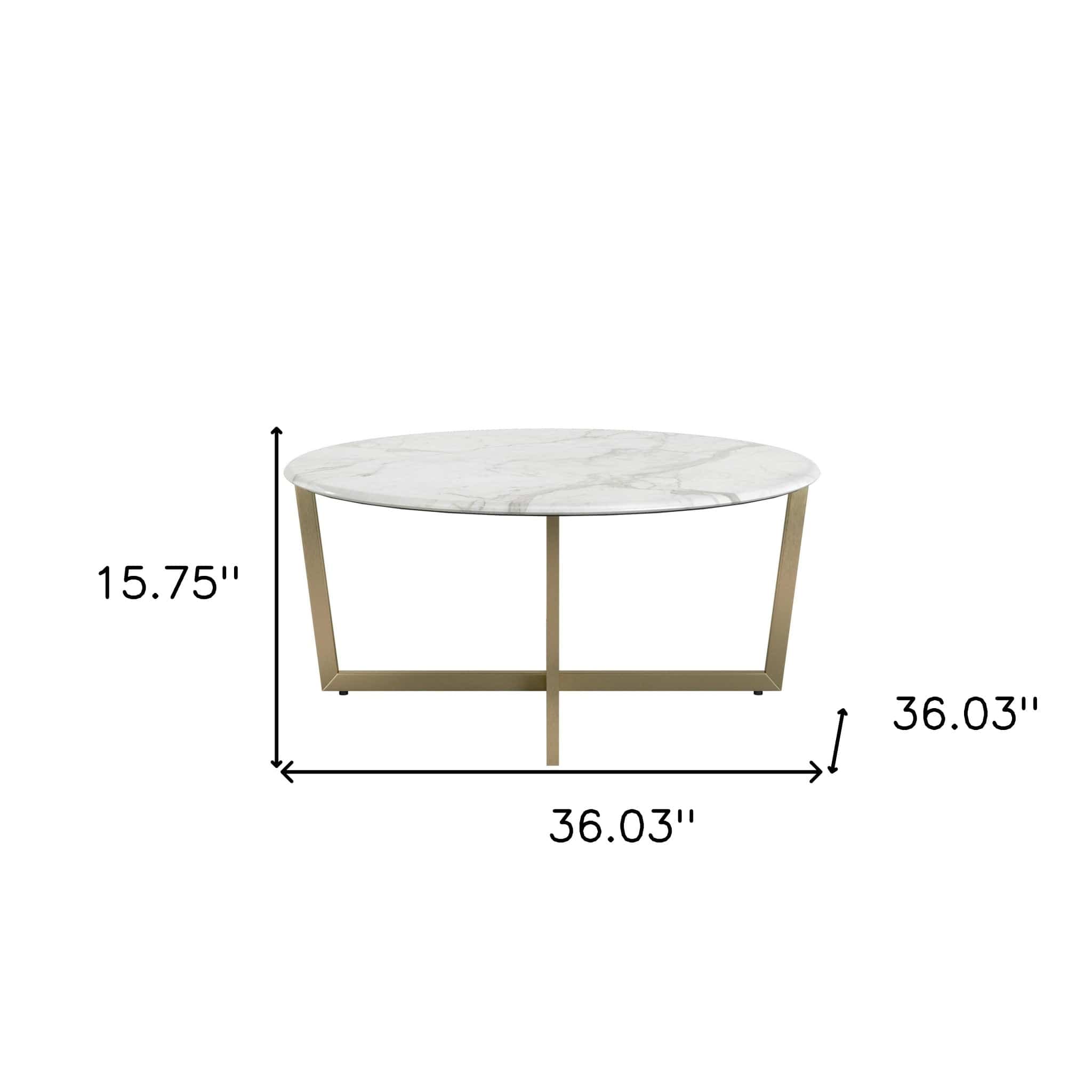 36" White And Gold Faux Marble Round Coffee Table - Homeroots