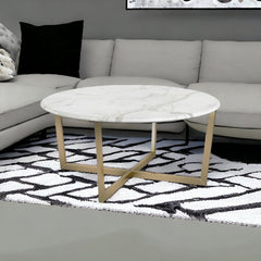 36" White And Gold Faux Marble Round Coffee Table - Homeroots