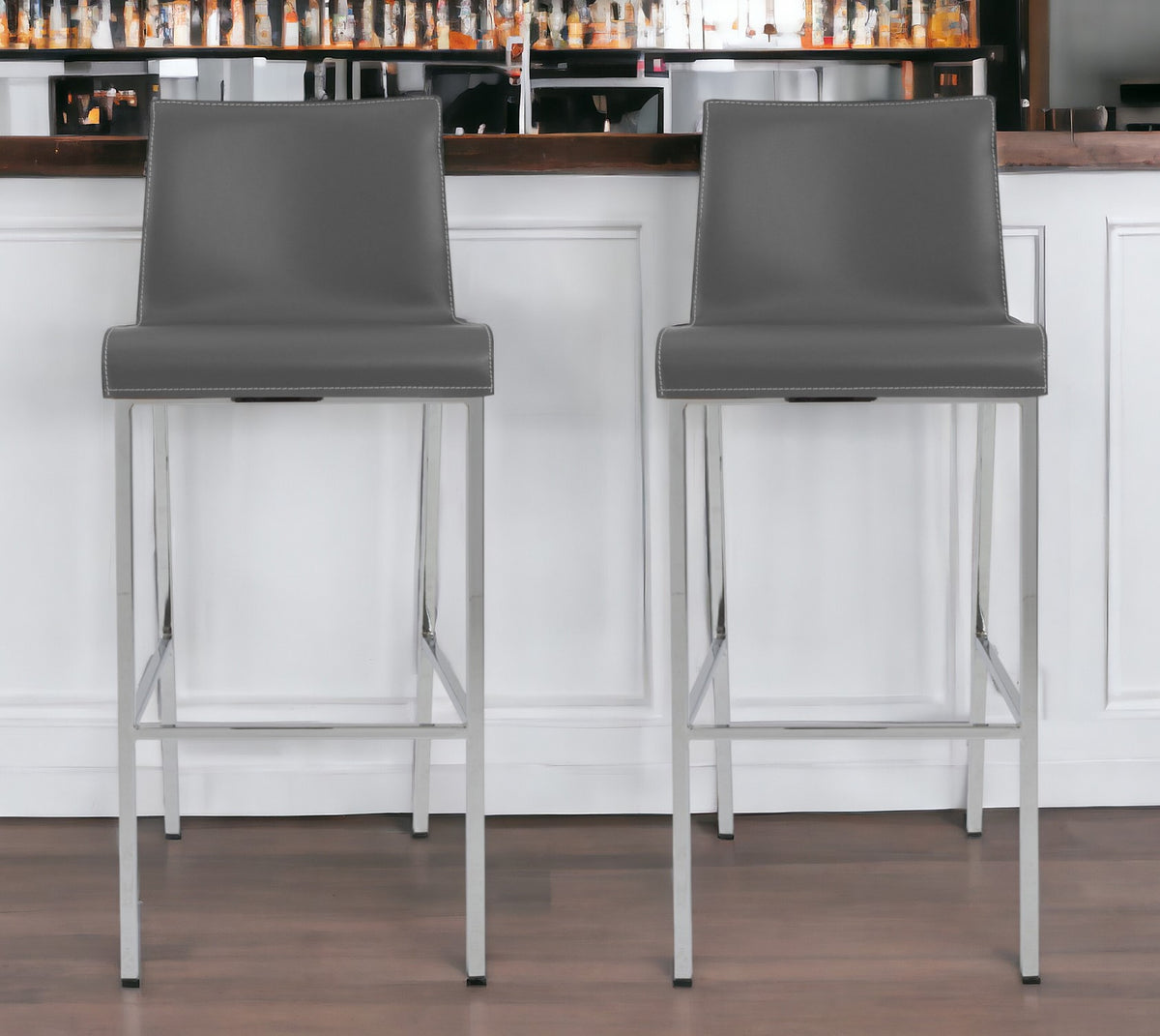 Set of Two 31" Gray And Silver Steel Low Back Bar Height Bar Chairs