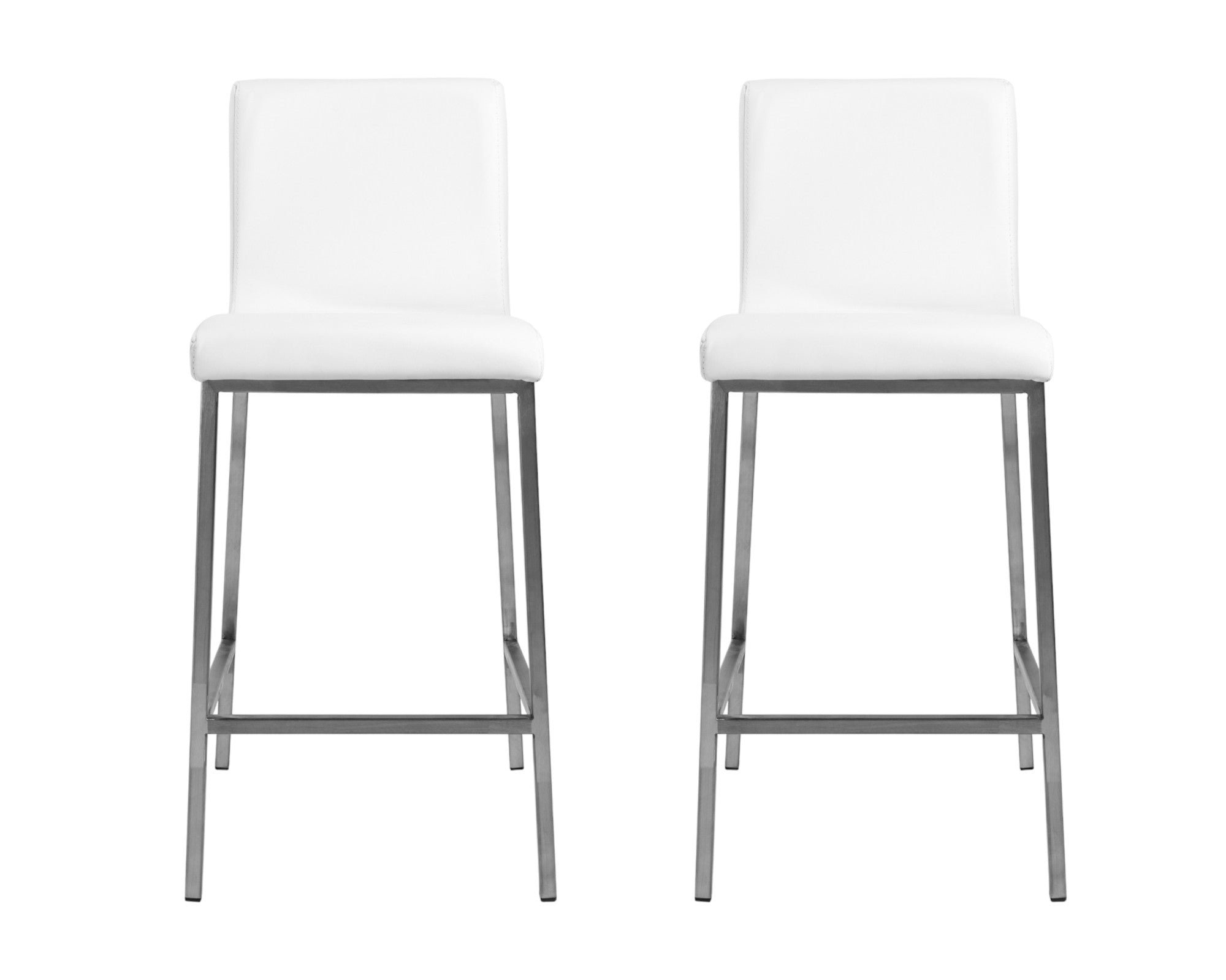 Set of Two 26" White And Silver Steel Low Back Counter Height Bar Chairs