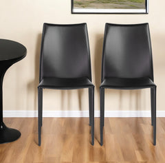 Set of Two Premium All Black Leather Match Stacking Dining Chairs