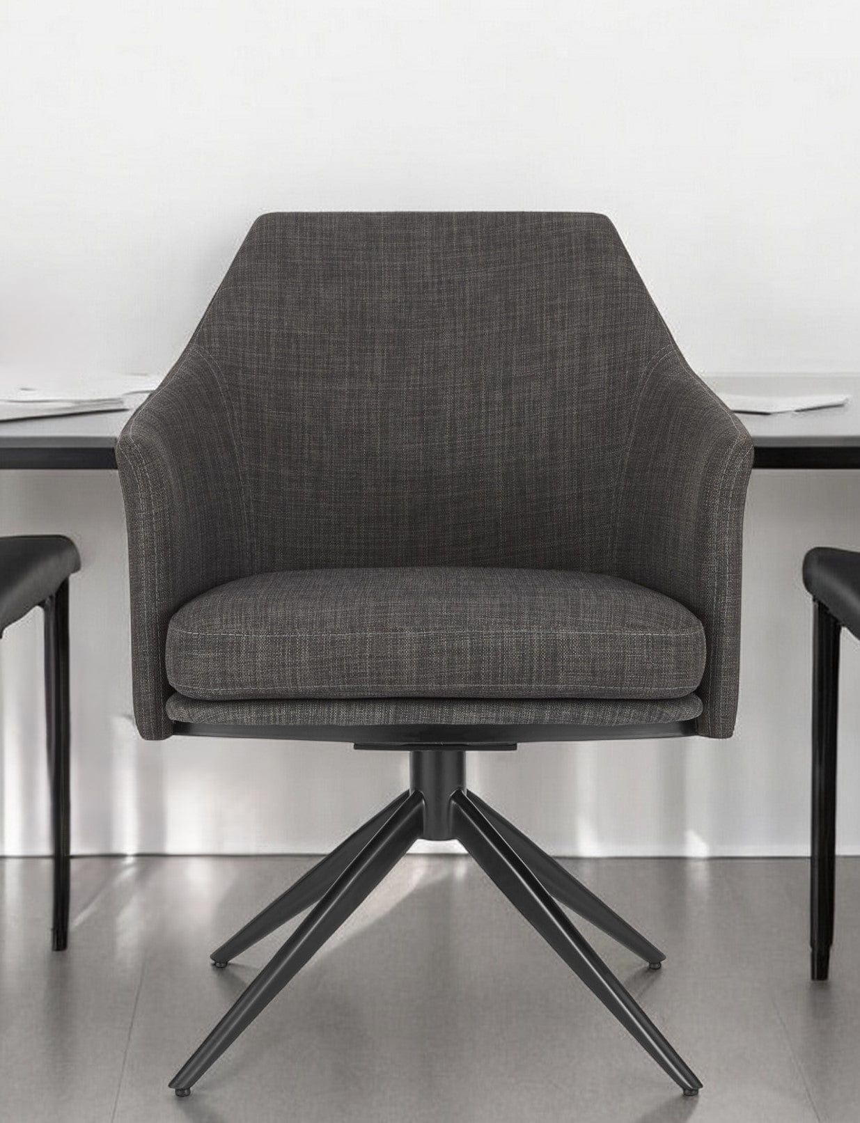 Dark Gray Fabric and Black Swivel Armchair - Homeroots