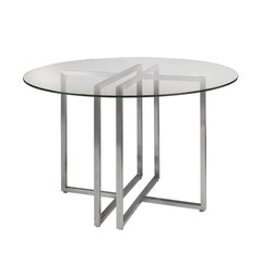 42" Clear And Silver Rounded Glass And Metal Trestle Base Dining Table - Homeroots