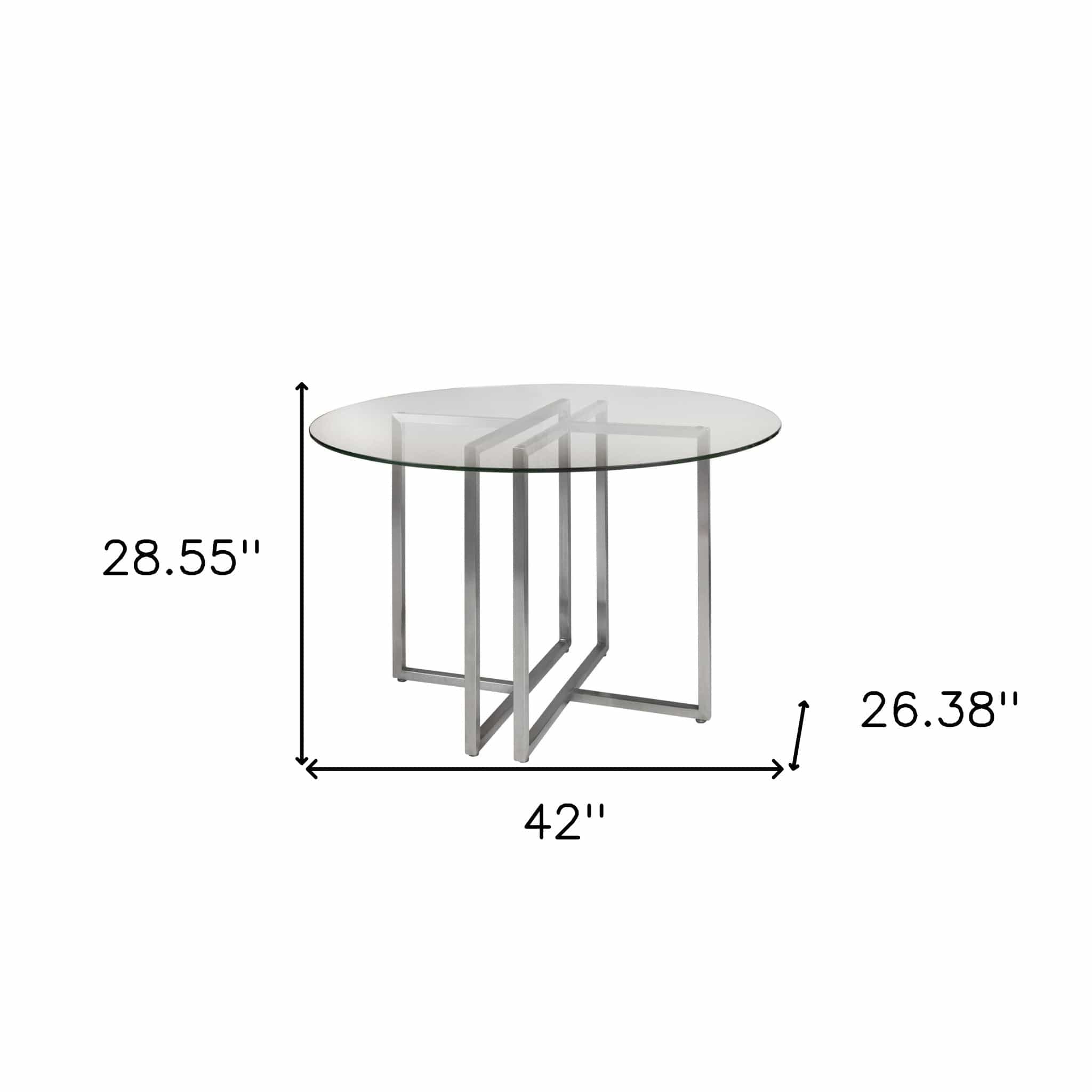 42" Clear And Silver Rounded Glass And Metal Trestle Base Dining Table - Homeroots