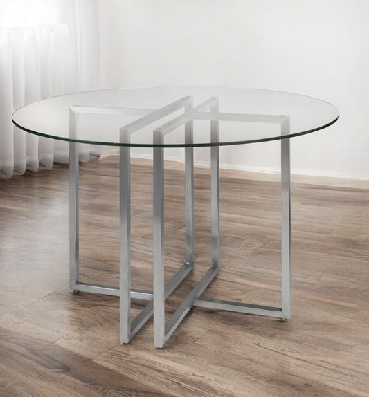 42" Clear And Silver Rounded Glass And Metal Trestle Base Dining Table - Homeroots