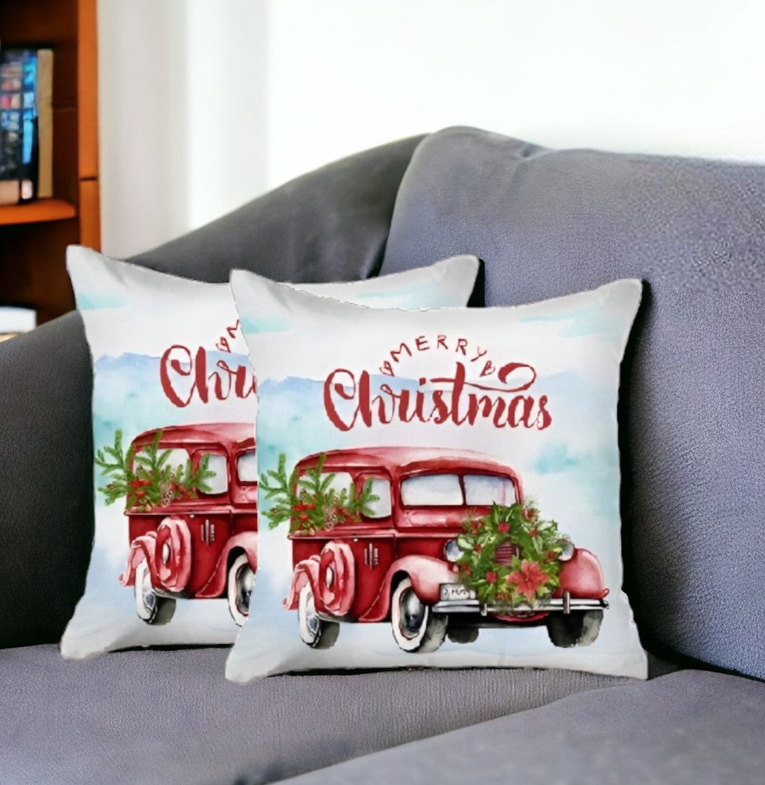 Set of 2 Merry Christmas Vintage Red Car Throw Pillows