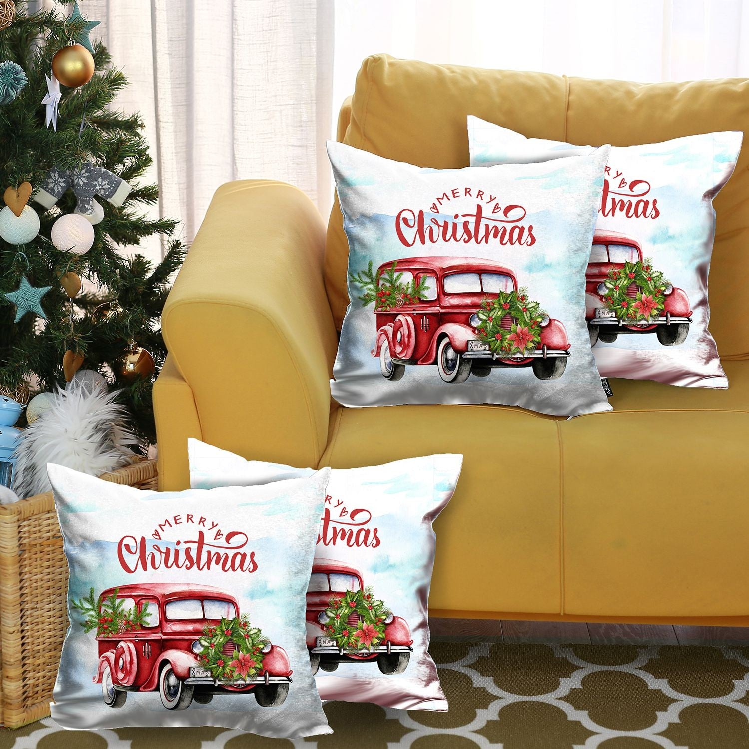 Set of 4 Merry Christmas Vintage Red Car Thow Pillow Covers