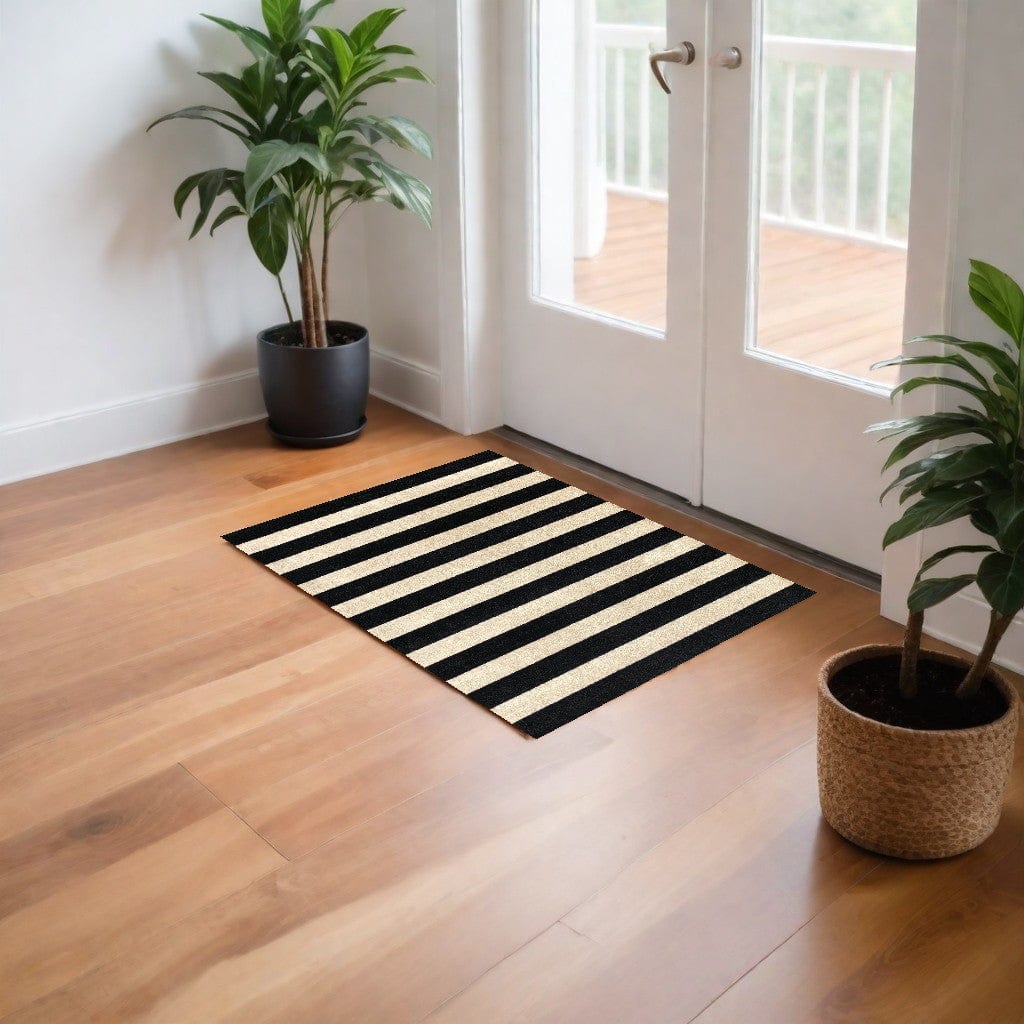 2' X 4' Black and Tan Wide Stripe Washable Floor Mat - Homeroots