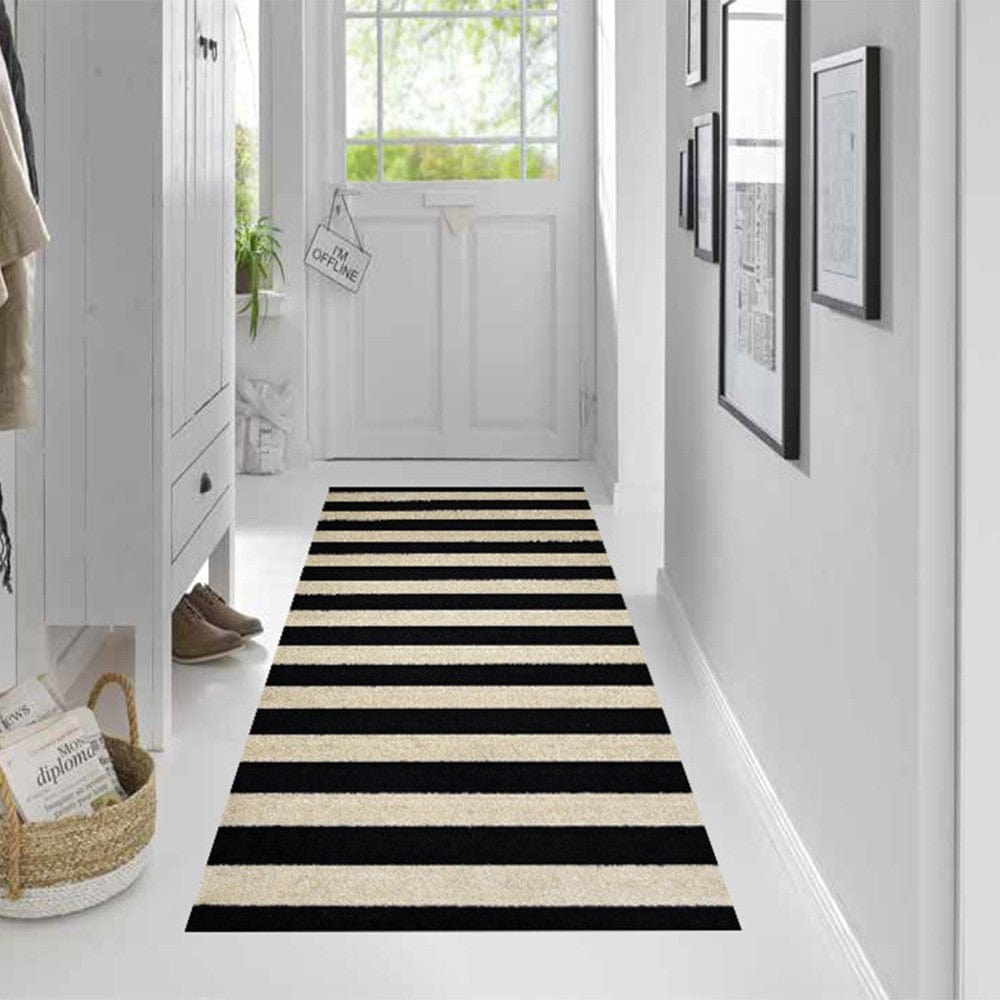 2' X 6' Black and Tan Wide Stripe Washable Runner Rug