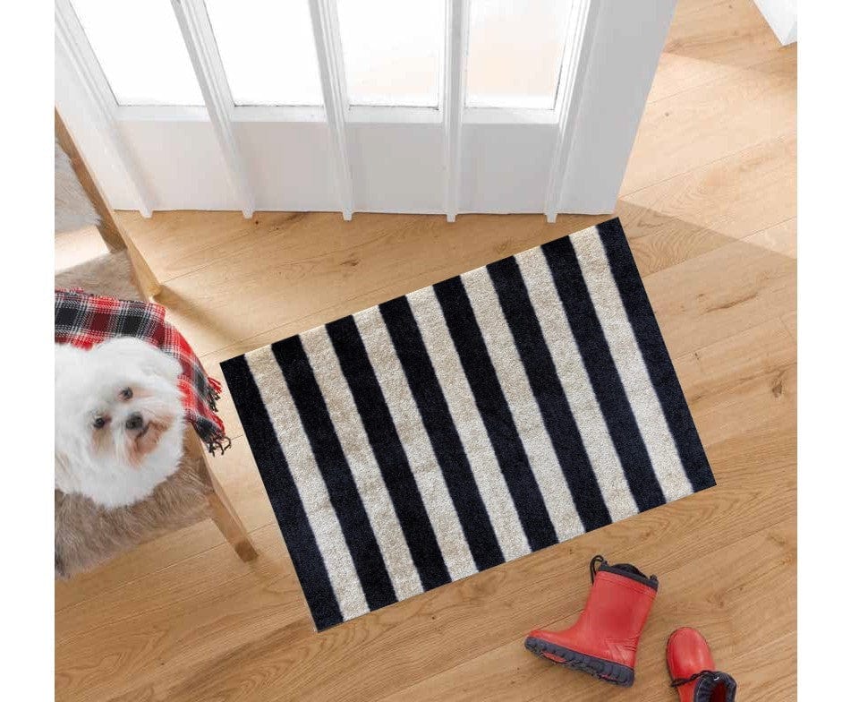 2' X 3' Black and Tan Wide Stripe Washable Floor Mat - Homeroots